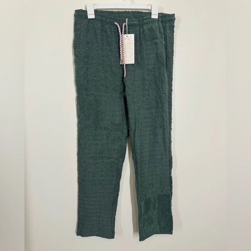 NWT Jungles Textured Drawstring Pants in Dark Green Size Small Terri cloth print